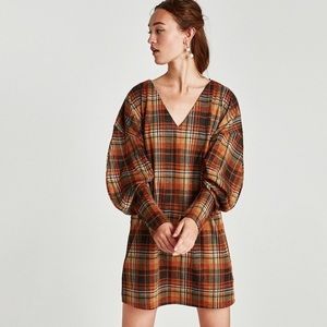 Zara Orange Checked Plaid V-Neck Mini Shift Dress